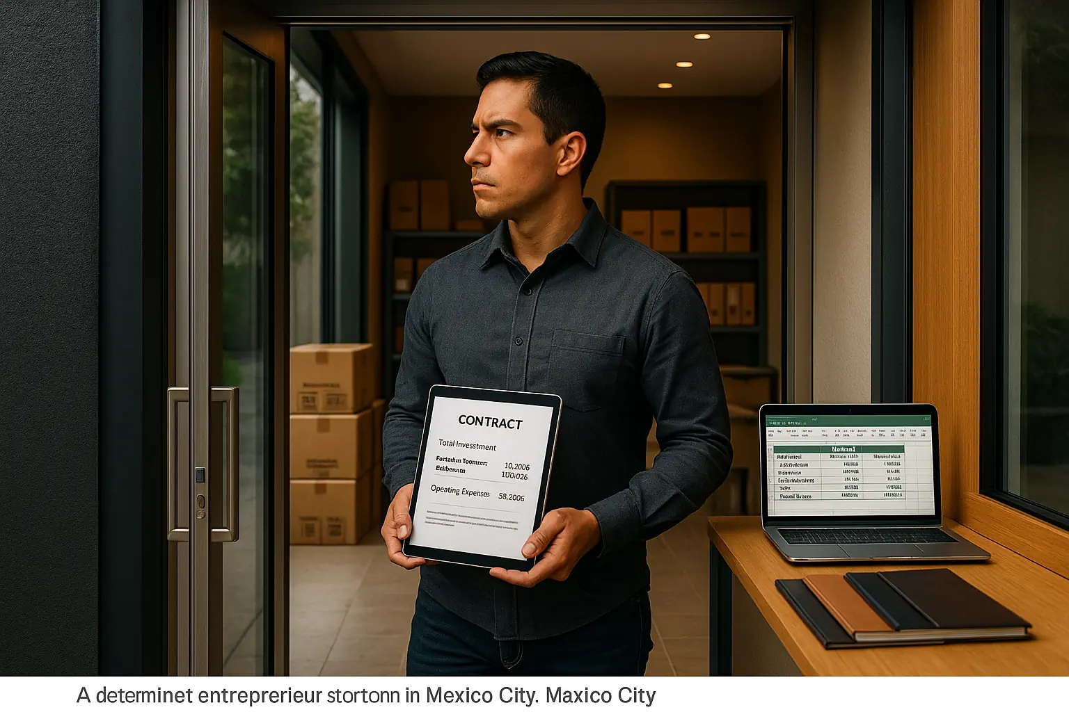 A determined entrepreneur evaluates detailed ROI projections and contract documents while standing at the entrance of a modern franchise in Mexico City, illustrating the careful calculation of real investment costs and returns for a successful franquicia alimentos y bebidas