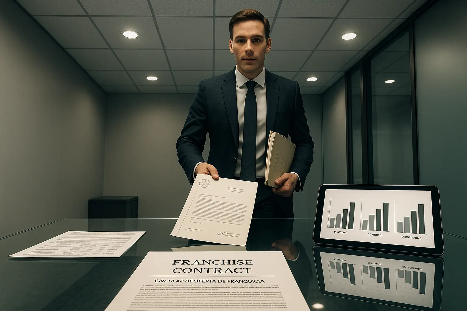 A franchise investor reviews detailed legal contracts and financial scenarios with a consultant in a modern office, illustrating the critical evaluation process to avoid fatal rookie mistakes when investing in franchises