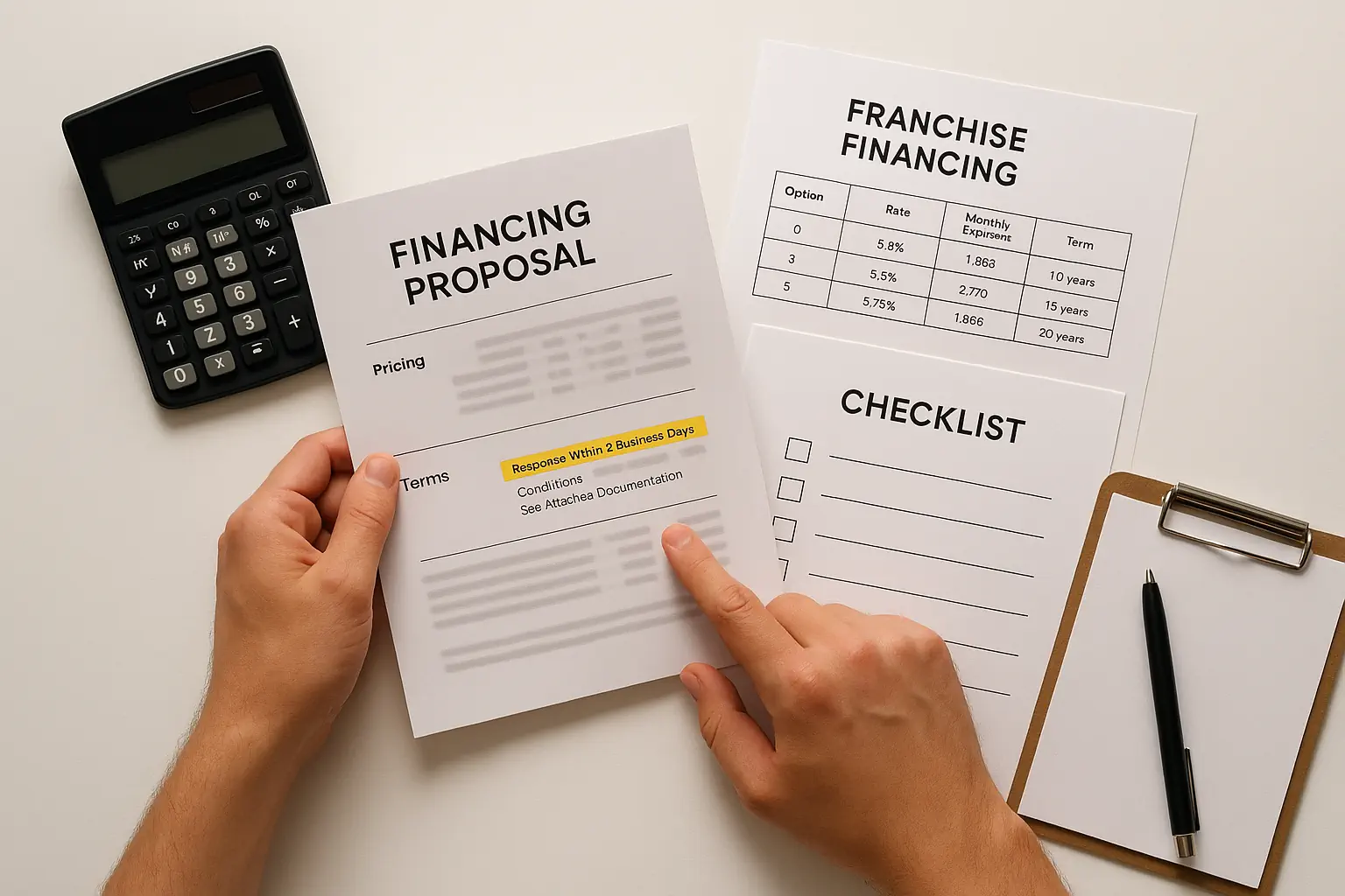 Persona revisando documentos de financiamiento y comparando opciones para financiar una franquicia en 2026 sobre un escritorio ordenado con calculadora y lista de verificación