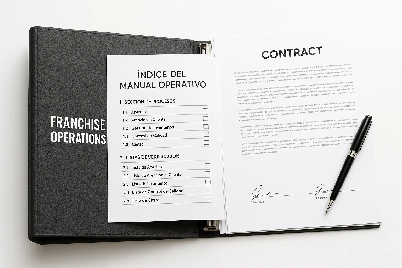 Un manual operativo de franquicia abierto mostrando un índice detallado y checklists junto a un contrato firmado y un bolígrafo, representando la importancia del know-how documentado para proteger la inversión en franquicias