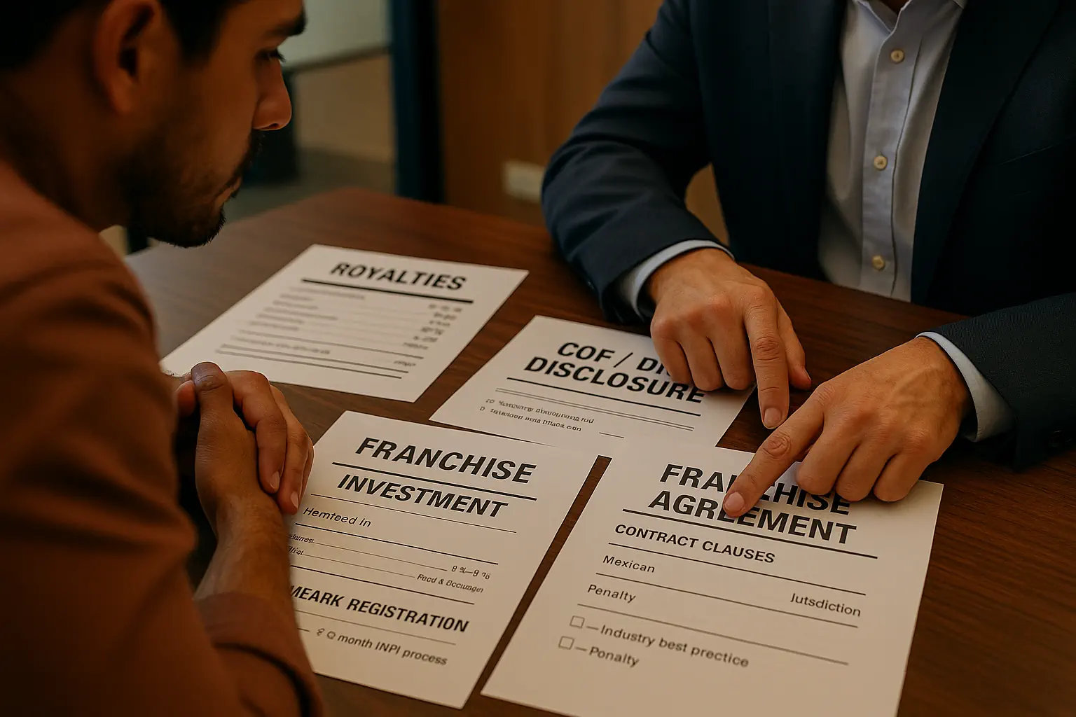 Manos de un consultor y un cliente revisando documentos detallados para franquiciar un negocio mexicano en una oficina moderna durante una consulta profesional sobre inversión y contratos de franquicia
