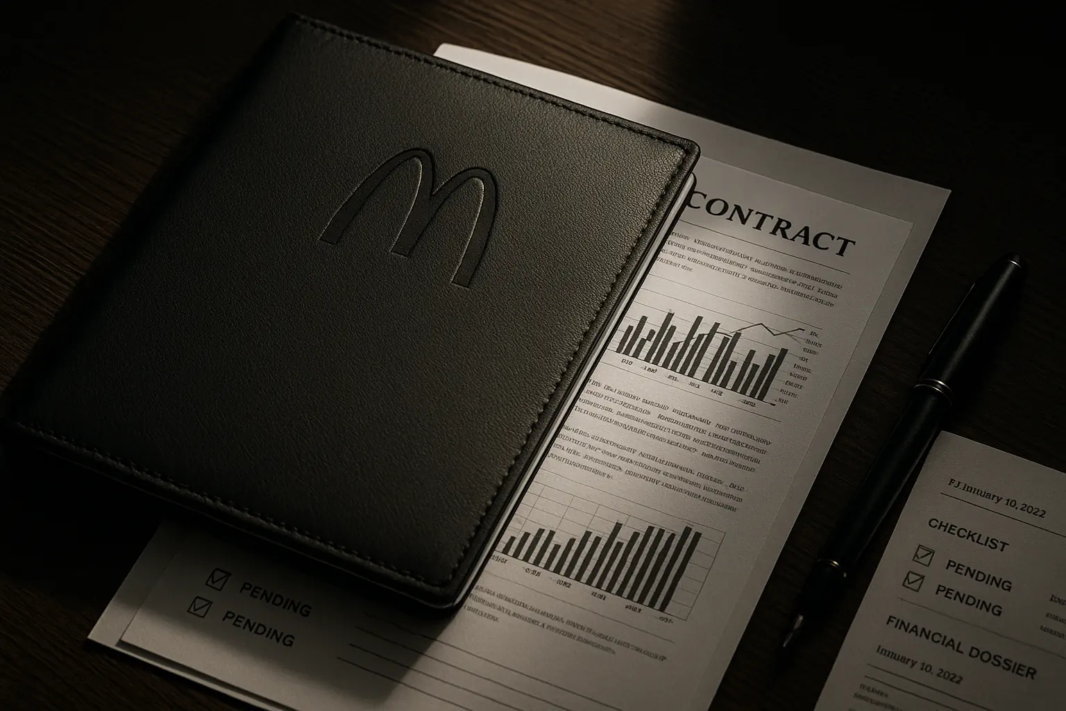 A close-up of a black leather business folder embossed with a franchise logo, resting on detailed contract documents and a financial dossier, illustrating the meticulous review and control essential in franquicias de gestión delegada
