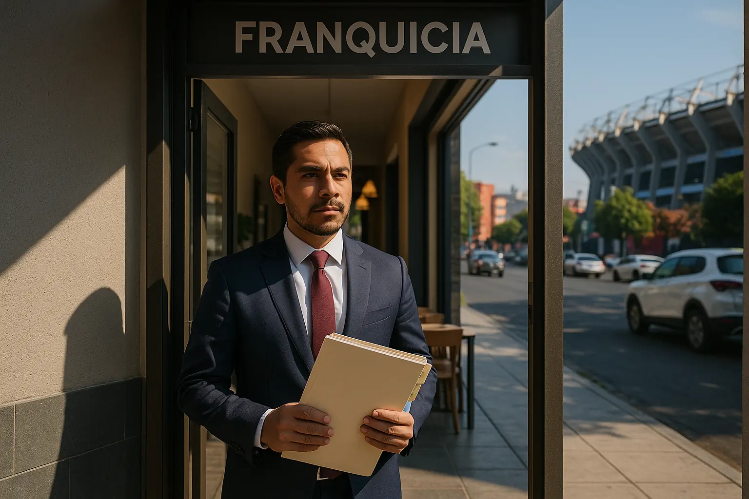Un emprendedor decidido frente a una franquicia en Ciudad de México cerca de un estadio, listo para tomar decisiones basadas en documentos legales y financieros que reflejan el impacto del Mundial 2026 en las franquicias de alimentos y bebidas