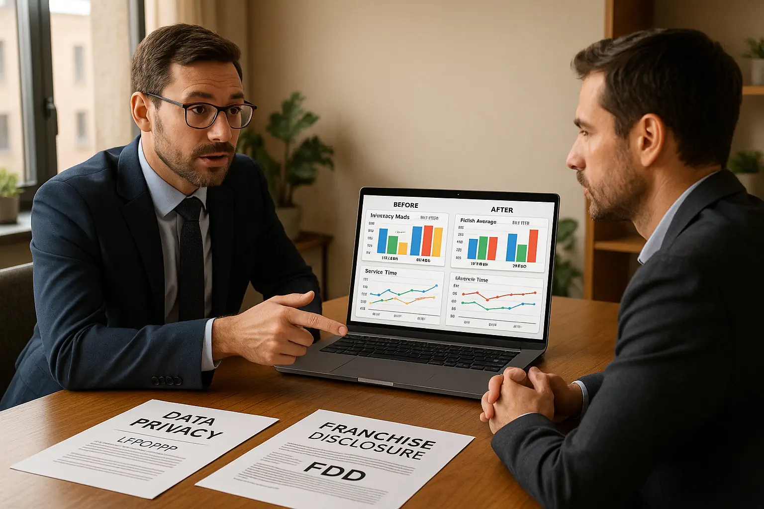 A franchise consultant and client review AI-powered operational metrics and contract details in a modern office, illustrating key considerations for investing in inteligencia artificial en franquicias