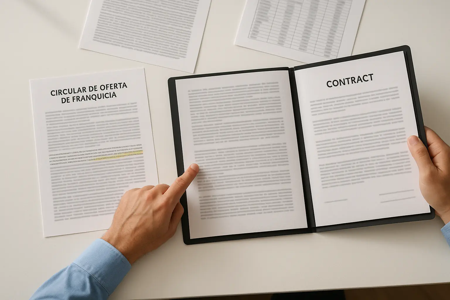 Overhead view of a clean desk with franchise agreement documents being reviewed, illustrating the careful evaluation process involved in investing in a franchise in Mexico in 2026