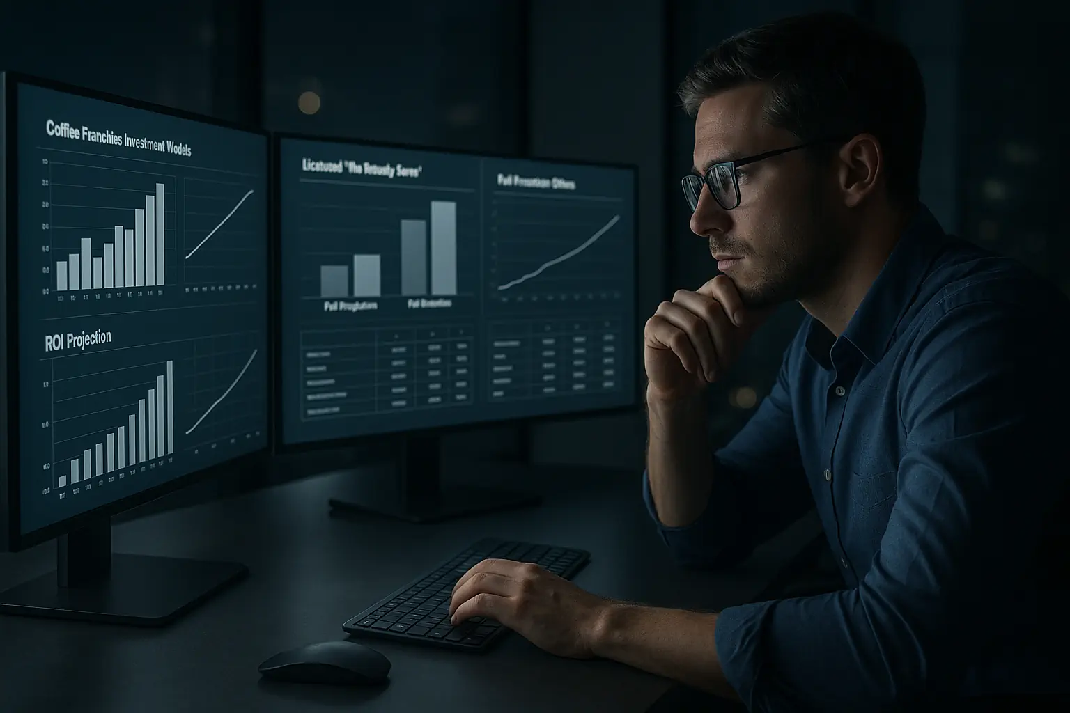 Un inversionista profesional analiza detalladas gráficas financieras de modelos de franquicias de café, evaluando cuidadosamente las opciones reales y riesgos de invertir en una franquicia Starbucks en México en 2026