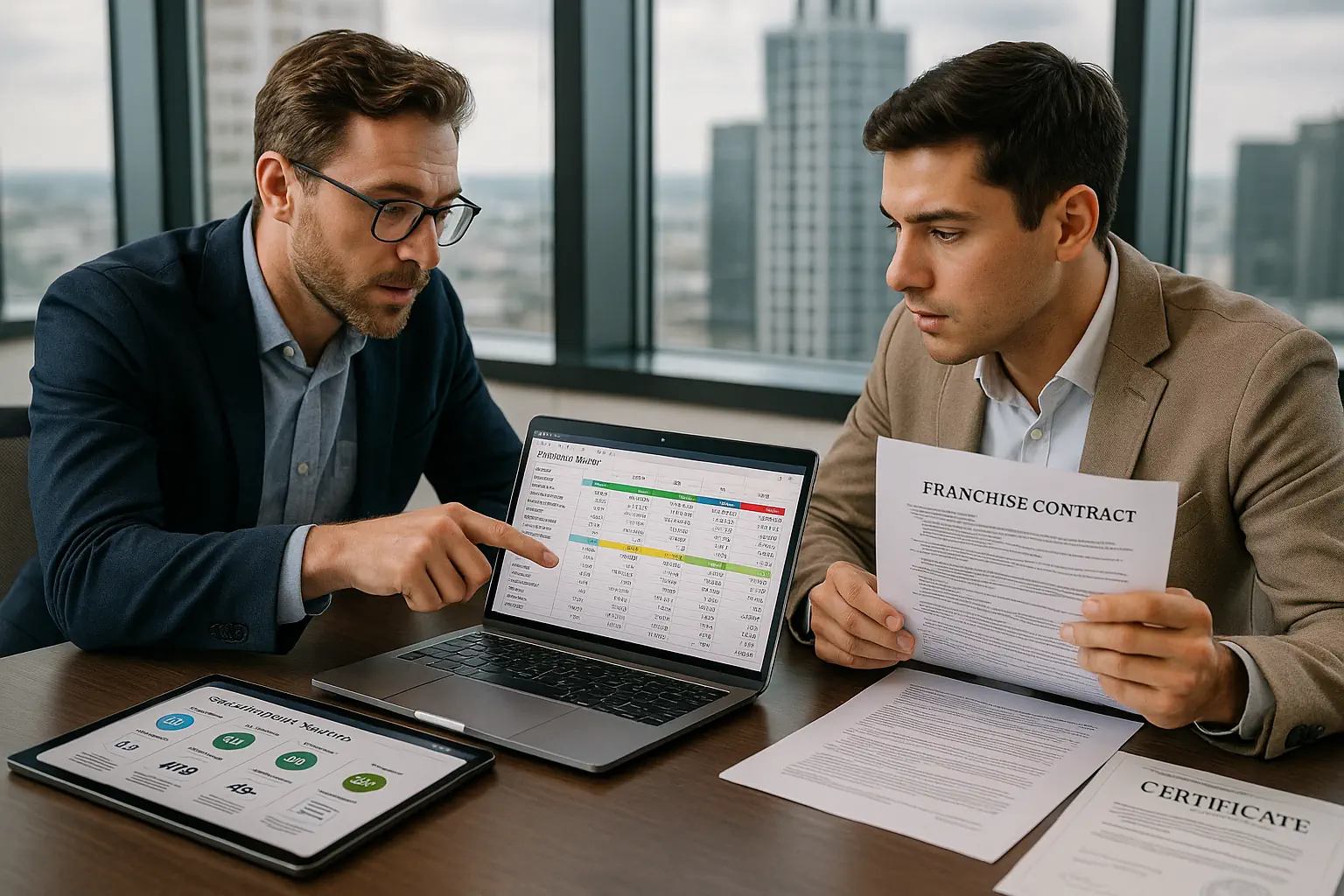Dos profesionales revisan contratos y modelos financieros junto a métricas de sustentabilidad para evaluar la inversión en franquicias responsables